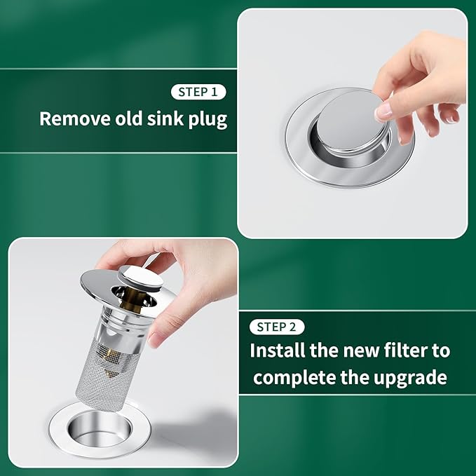3 in 1 Sink Drain Strainer with Hair Catcher,2PCS Stainless Steel Popup Sink Stopper with Basket for Bathroom Kitchen Shower,Pop-up Bounce Core Floor Basin Drain Filter,Replacement Sink Plug