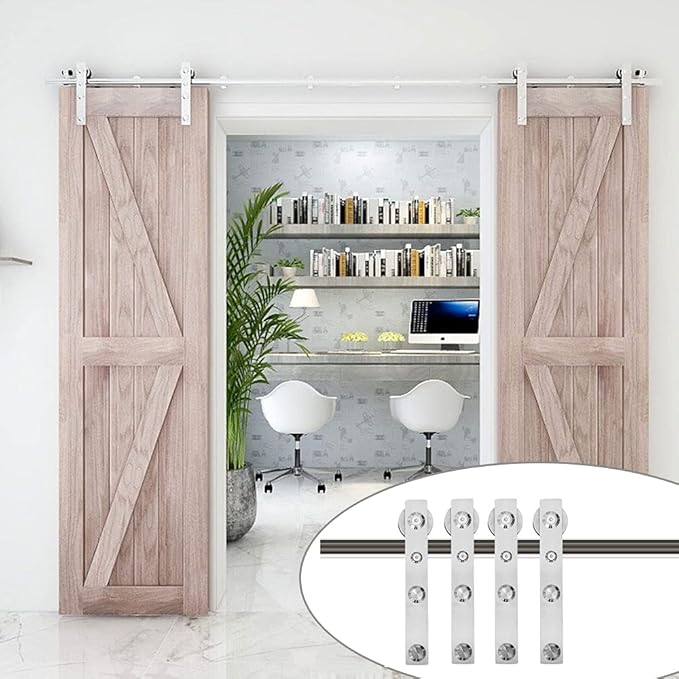 TSMST 16FT Sliding Barn Door Hardware Kit, Top Mount Stainless Steel Heavy Duty Sturdy Barn Door Track for Double Wood Door, Slide Smoothly Quietly (L Style)