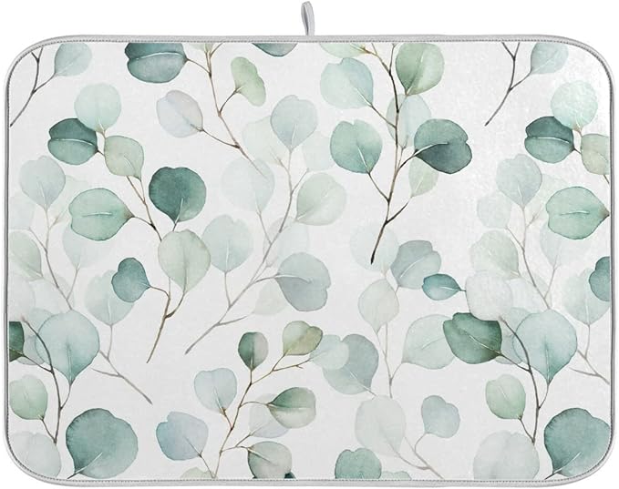 Green Leaves Dish Drying Mat 16x18 for Kitchen Counter Watercolor Herbs Women Kitchen Drying Mats Dishes Pad Absorbent Fast Dry Dish Draining Mats Medium Kitchen Accessories