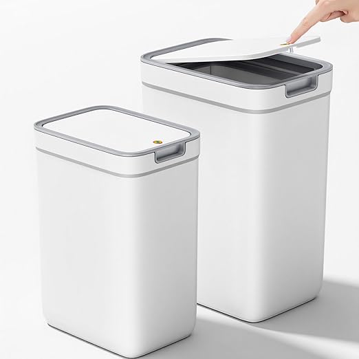 Spreezy Bathroom Trash Can with Lid 2 Pack (3.6 Gal & 2.4 Gal), Small Garbage Bin with Pop-Up Lid, Dog-Proof Waste Basket, for Kitchen, Bedroom, Office, Living Room, White