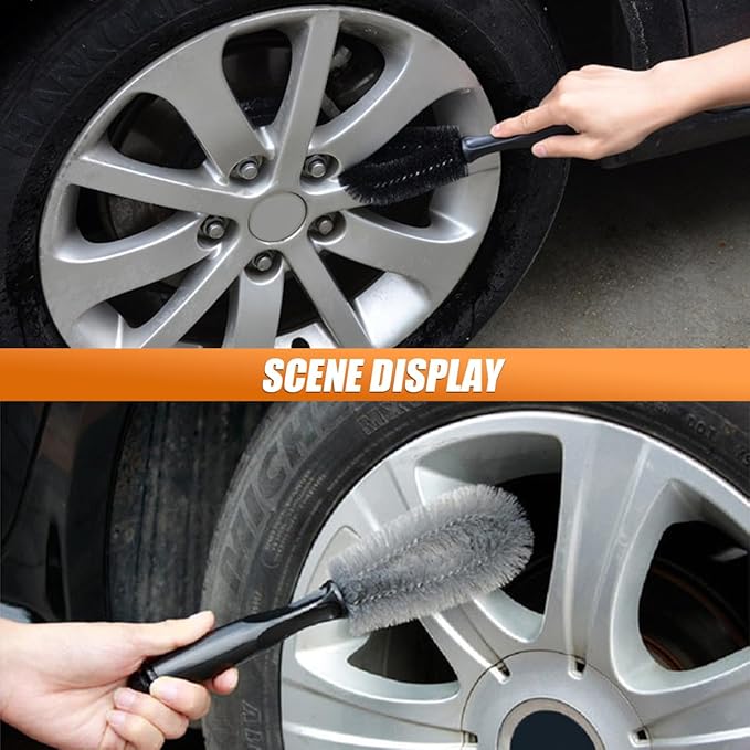 Car Wheel & Tire Wash Brush, Soft Bristle Car Wheel Detailing Cleaning Brush with Short Handle, Multipurpose Vehicle Wheels Rims Scrub Brushes for Auto, Truck, SUV, Motorcycles (Gray)