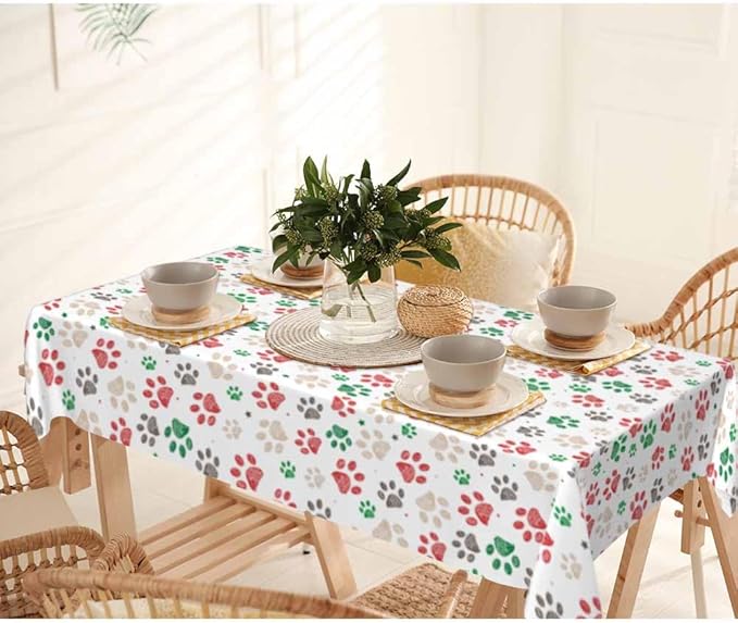 Paw Prints Table Cloth 52x70 Doodle Dog Cat Red Green Footprint Rectangular Tablecloth Polyester Washable Table Cover for Dining Kitchen Banquet Picnic Decorative