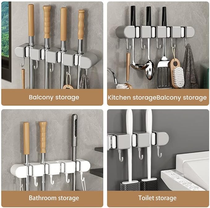 VALINK Brooms and Mop Holder Wall Mounted, Brooms Hanger for Home Garden Garage and Storage (4 Racks with 5 Hooks) Grey