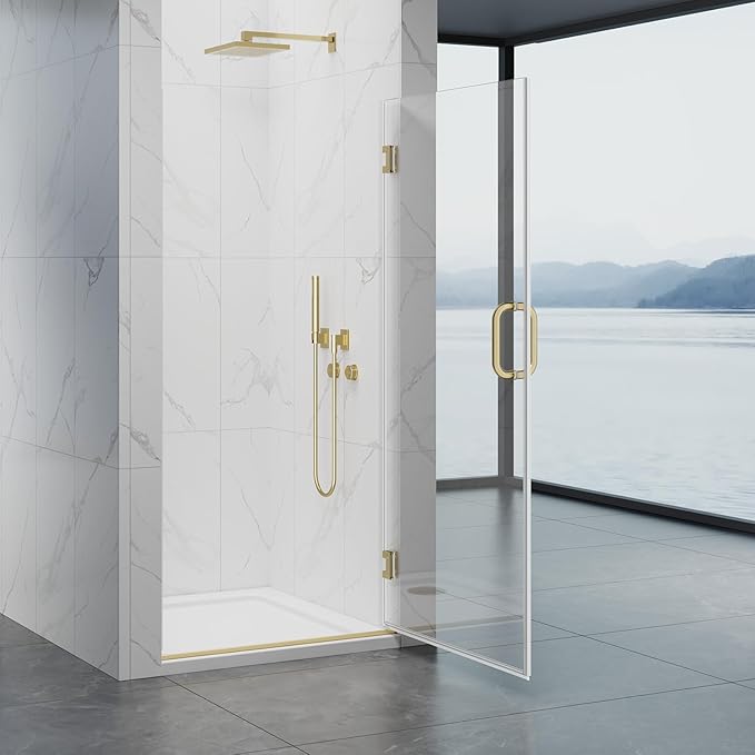 Framelss Hinged Shower Door, 36" W x 76" H Single Swing Pivot Shower Door, 3/8" (10mm) Tempered Glass with Nano Coating, Stainless Steel Handle, Glass Door for Walk-in Shower - Brushed Gold