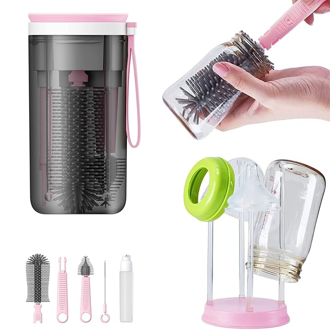 Baby Bottle Drying Rack for Travel,Portable Drying Rack and Bottle Brush Set for Working Mom, Visit Families, Friends or Camping,Pink