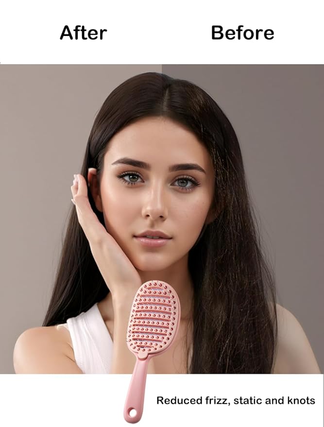 Self Cleaning Hair Brush, Easy to Clean, Curved Vented Detangler Brush for Faster Blow Drying for Women Men Kids, Wet & Dry Hair (Pink)
