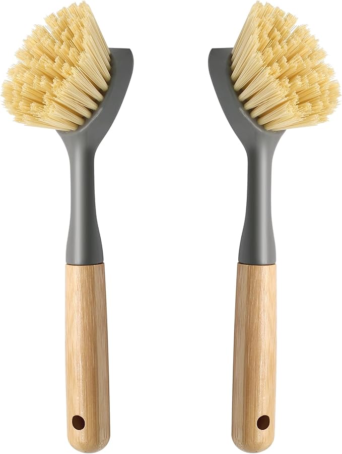 2 Pcs Kitchen Scrub Brush with Bamboo Handle, Dishwashing Brush Built-in Scraper, Dish Scrubber for Kitchen Cleaning, Pots, Pans, Sink, Counter and Cast Iron Cookware