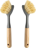 2 Pcs Kitchen Scrub Brush with Bamboo Handle, Dishwashing Brush Built-in Scraper, Dish Scrubber for Kitchen Cleaning, Pots, Pans, Sink, Counter and Cast Iron Cookware
