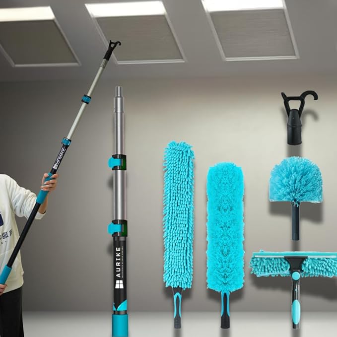 High Ceiling Duster Kits with 3-8ft Heavy Duty Extension Pole - Fan Blade Cleaner, Cobweb Remover & Blue Window Squeegee Kit, Washable Dust Brush and Glass Surfaces, Skylight Shades Operating Hook