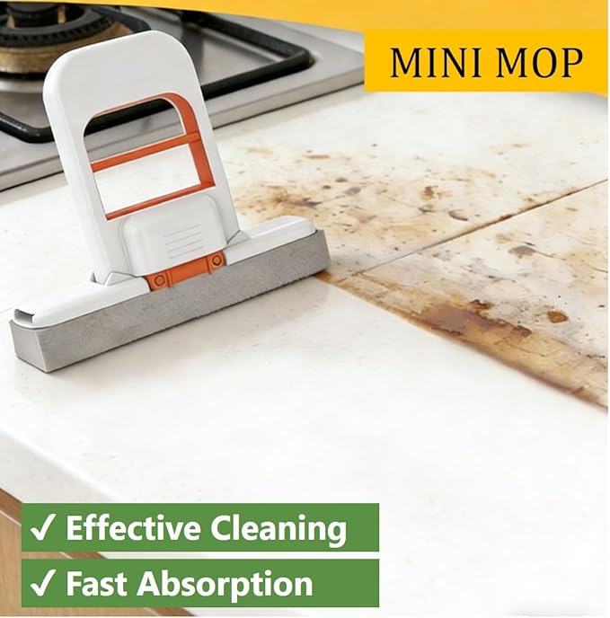 Mini Mop for Small Spaces, Foldable Self-Squeeze & Self-Wringing Wet Dry Sponge Mop, Portable Orange Cleaning Small Mop for Desktop, Kitchen Counter, Bathroom Tile, Glass – with 3 Pads & 1 Hook