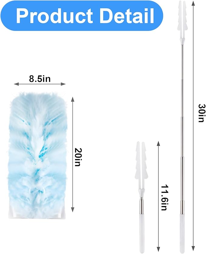 ITTAR 30 Count Duster Refill kit, Duster for Cleaning with Extension Pole, Microfiber Dust Remove Supplies, Fan Feather Dusters for Cleaning Home, Ceiling Fan, Blinds, Furniture, Vent & Shelves-Blue