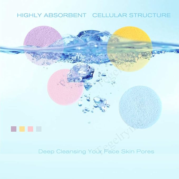 Facial Sponge Compressed,60 Pcs PVA Professional Makeup Removal Wash Round Face Sponges Spa Pads Exfoliating Cleansing for Women,Yellow,Pink,Blue,Purple