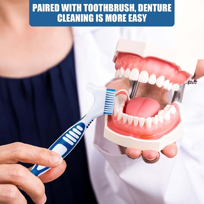 Light Blue Denture Bath Case Cup Box Holder Storage Container with Denture Cleaner Brush Strainer Basket for Travel Cleaning