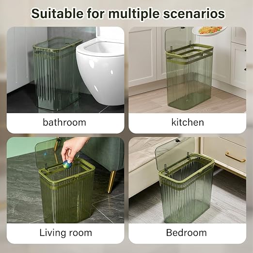 Bathroom Trash Can with Lid3.5 Gallon Garbage Can，for Bedroom, Office, Plastic Slim Waste Basket with Press Top Lid, 15l Clear Trash Bin for Home Slim Trash Bin Clear, Kitchen （Green）