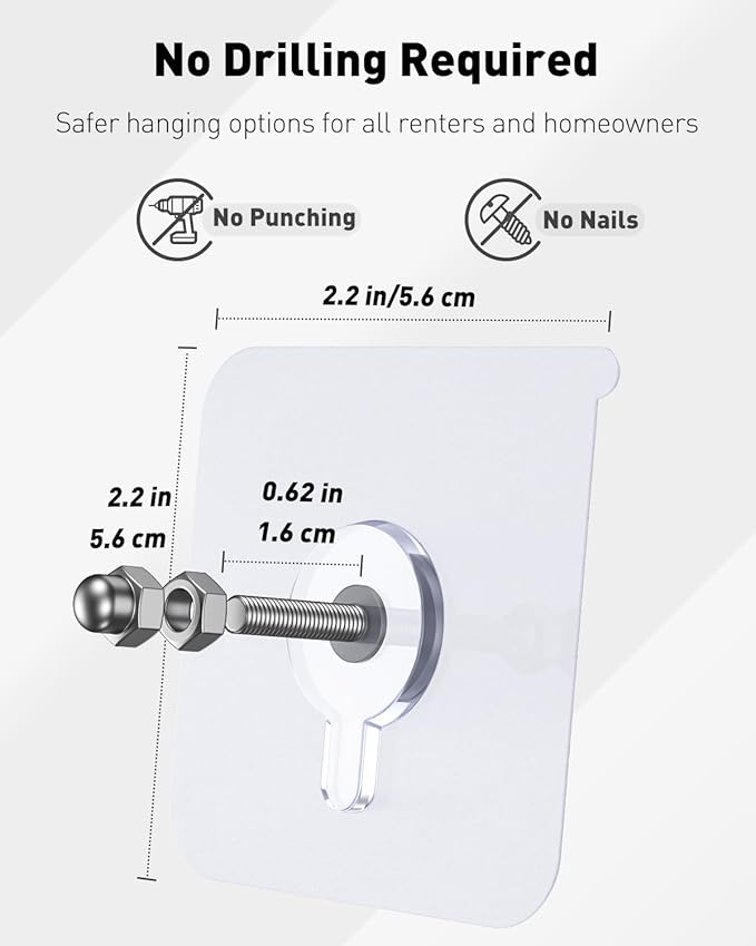 Uniclife 10 Pcs Self Adhesive Picture Hooks, 26.5 lbs Load No Drill Screw Stickers Heavy Duty Picture Hangers Without Nails, 16 mm No Nails Wall Hooks for Hanging, Sticky Hook for Bathroom Kitchen