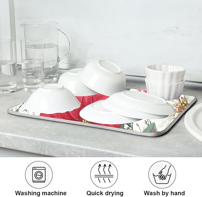 Red Poinsettias and Leaves Dish Drying Mat for Kitchen Counter Super Absorbent Drying Mat 18x24 inch Large Dish Drying Matts for Countertop Protector Dishes Pad