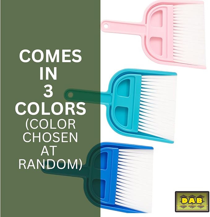 DAB 6" x 5" Mini Whisk Broom and Dustpan | Dustpan & 8.5" (21.6 cm) Broom | Vibrant Green, Blue, Pink Designs