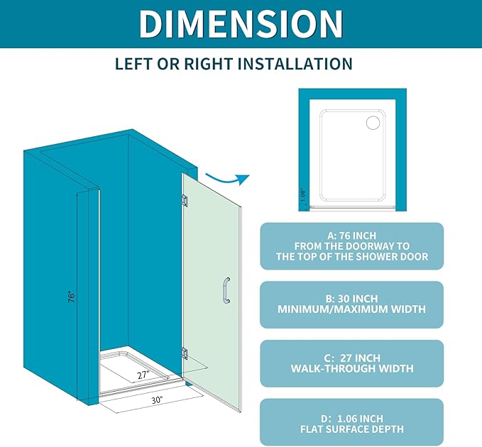 Framelss Hinged Shower Door, 30" W x 76" H Single Swing Shower Door, 3/8" (10mm) Tempered Glass with Nano Coating, 304 Stainless Handle, Glass Door for Walk-in Shower - L02-30 (Brushed Gold)