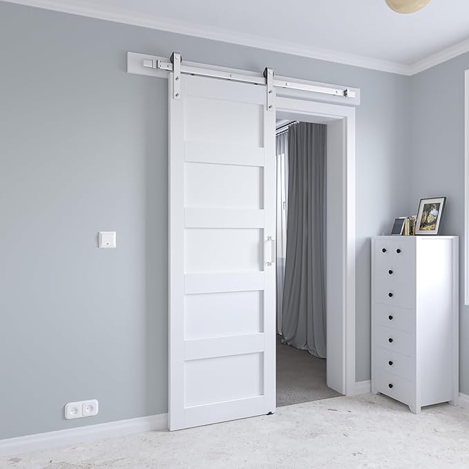 28in x 84in White Sliding Barn Door with 5ft Brushed Nickel Barn Door Hardware Kit & Handle, 5-Panel, Pre-Drilled Holes Easy Assembly, Water-Proof PVC Surface