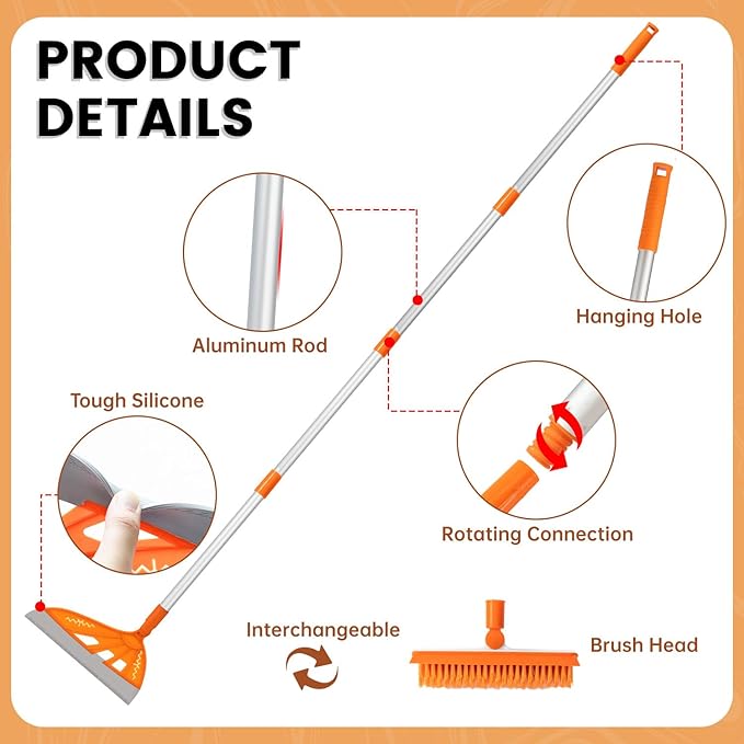 Magic Air Broom Household Silicone Broom for Floor Cleaning, Multifunctional Floor Squeegee with 60’’ Aluminum Adjustable Handle, Pet Hair for Glass, Fine Dust, Hair, Liquids (Orange)