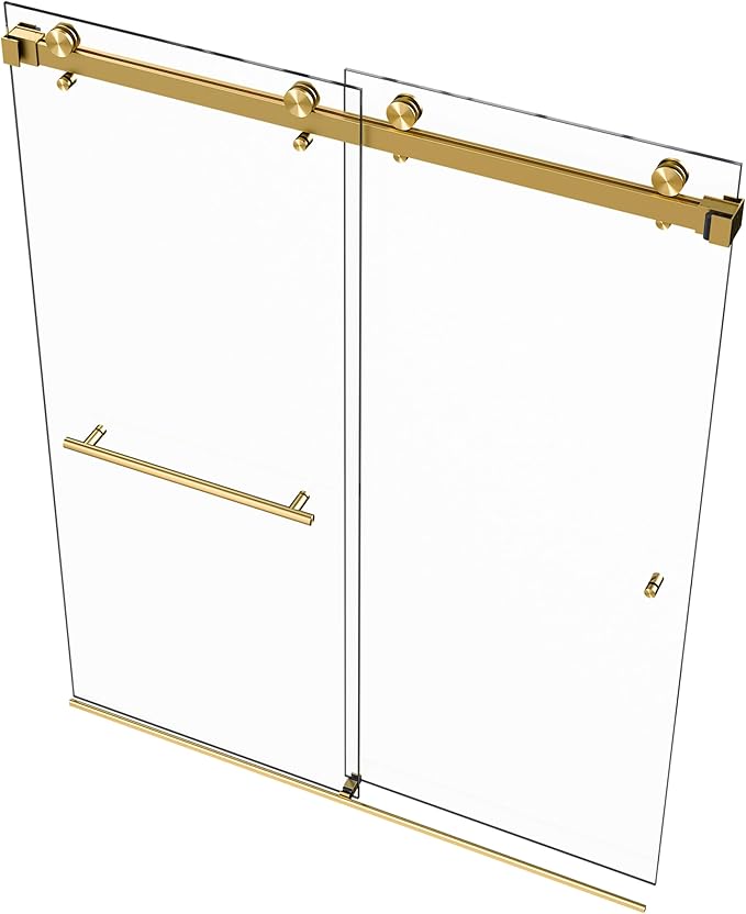VITRA-200X 56.5-60" W x 78" High 3/8" Twinglide Frameless Shower Door with (10mm) Clear Tempered Glass (Satin Brass - Towel BAR & KNOB)