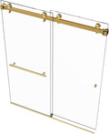 VITRA-200X 56.5-60" W x 78" High 3/8" Twinglide Frameless Shower Door with (10mm) Clear Tempered Glass (Satin Brass - Towel BAR & KNOB)
