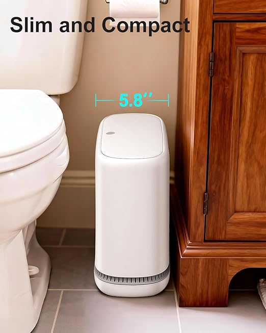 3 Gallon Slim Small Bathroom Trash Can with Lid, White Dog Proof Garbage Can with Air-Press Bag Expander & Removable Bucket, Narrow Bathroom Waste Basket for Bedroom, Office, Dorm
