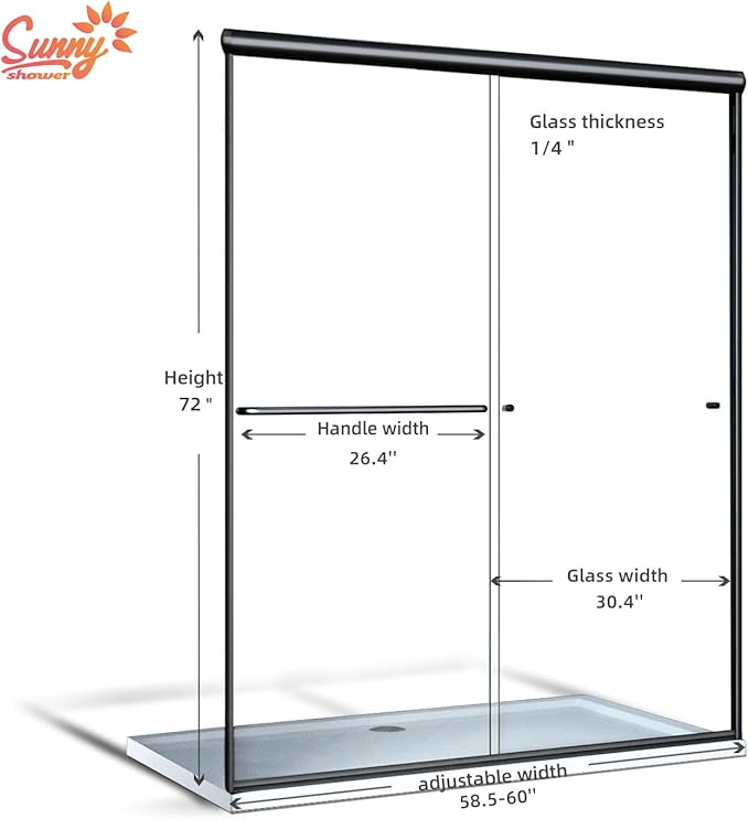 SUNNY SHOWER 58.5-60 in.W x 72 in.H Glass Shower Door, Semi Frameless Double Sliding Shower Door, 1/4" Clear Glass, Black Finish