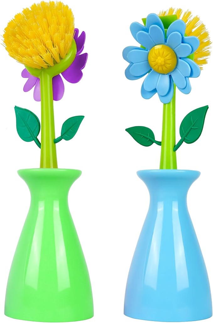Long Handle Vegetable and Fruit Brush, Florganic Dish Brush with Vase, Long Handle Dish Brush Kitchen, for Cleaning Pot Pan Sink Kitchen Supplies Decorative Vase (2 Pcs) (Green/Blue)
