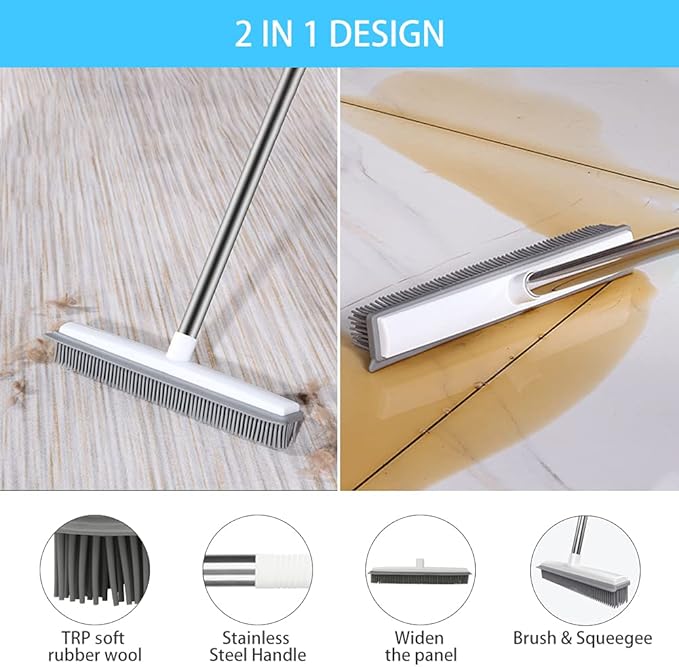 Push Broom Pet Hair Removal Broom with Squeegee, Soft Silicone Bristle Broom with 47" Adjustable Long Handle, Non Scratch Carpet Sweeper Brush for Cat/Dog Hair Hardwood Tile Windows