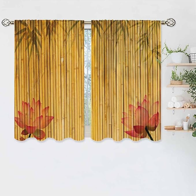 Bamboo Kitchen Curtains Pink Lotus Twigs Tree Branch Chinese Leaves Plants Short Tier Curtains for Bathroom Cafe Small Window Drapes Treatment 2 Panels (27.5x39 Inch)
