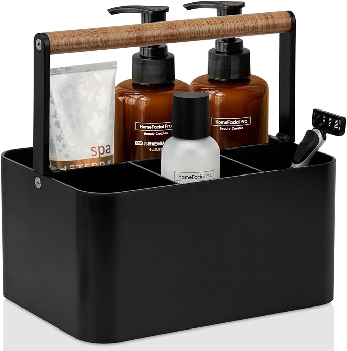 Portable Shower Caddy Dorm: Bathroom Caddy Organizer with Handle and Adjustable Dividers,Plastic Shower Basket for Toiletry,Makeup,Vanity,Shower Storage Tote for College, Cleaning Caddy, Black
