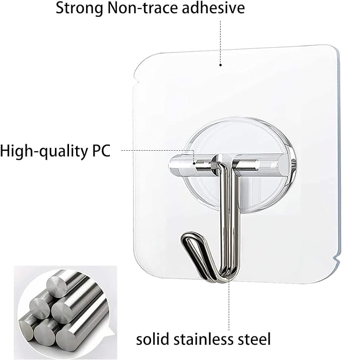 COLOGO 100 Pack Adhesive Hooks 24lb(Max) Heavy Duty Self Adhesive Hooks, Transparent Reusable Seamless Adhesive Wall Hooks for Kitchens, Bathroom, Office