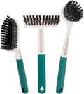 Xicennego 3 Pack Kitchen Cleaning Brush Set,1 Pot and Dish Cleaning Brush with Long Handle,1 Kitchen and Bathroom Brush with Scraper Strip, 1 Hard-Bristled Brush for Sink, Countertops, Tiles（Green