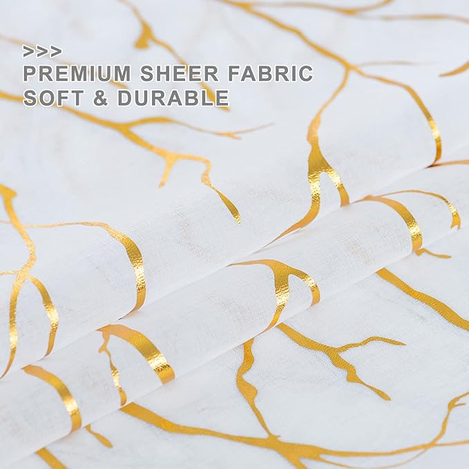 FINECITY Gold White Sheer Curtains 63-inch Length 2 Panels Metallic Gold Foil Branches Sheer Curtains for Bedroom Rod Pocket Privacy Sheer Window Curtains, 52 x 63 Inch