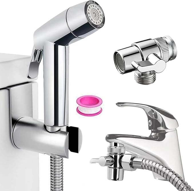 Handheld Bidet Sprayer Toilet Bathroom Douche Cloth Washing Diaper Cleaning Shower Head with with 2 Way Shower Diverter, 59in Hose and Hand Shower Holder
