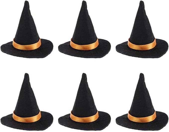 Mini Witch Hats and Brooms - Halloween Decorations for Party Favors, Birthday, Wedding, DIY Crafts Accessories - Set of 12 (6 Black Witch Hats + 6 Broom Sticks)