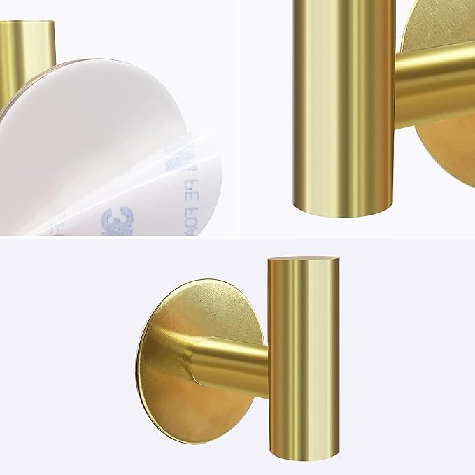 Adhesive Towel Hooks, Brushed Gold SUS 304 Stainless Steel, Coat Robe Sticky Hooks for Bathroom Wall Stick On (Brushed Gold, 4 Pcs)