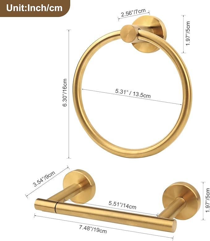 Brushed Gold Toilet Paper Holder Set, Stainless Steel Towel Ring, Double Post Pivoting Toilet Paper Holder and Hand Towel Holder Set for Bathroom