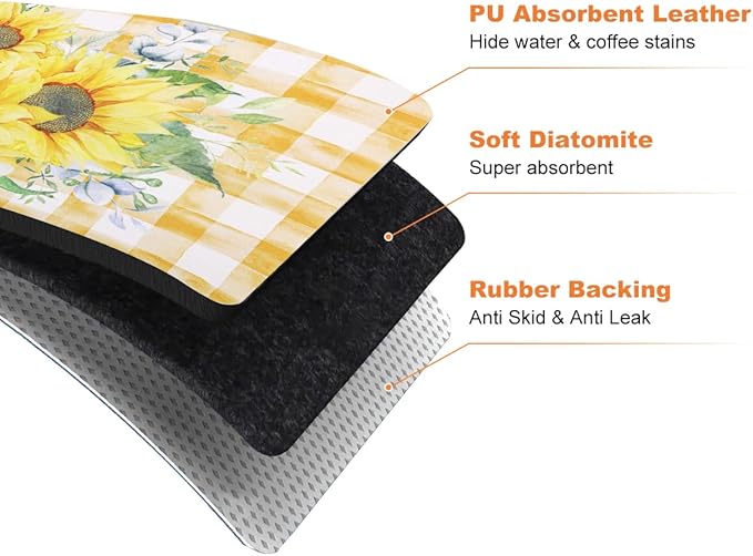 LOKHOM Dish Drying Mat for Kitchen Counter, 18"x24" Absorbent Coffee Bar Mat with Sunflowers, Vintage Floral Dish Drainer Rack Mat for Decoration