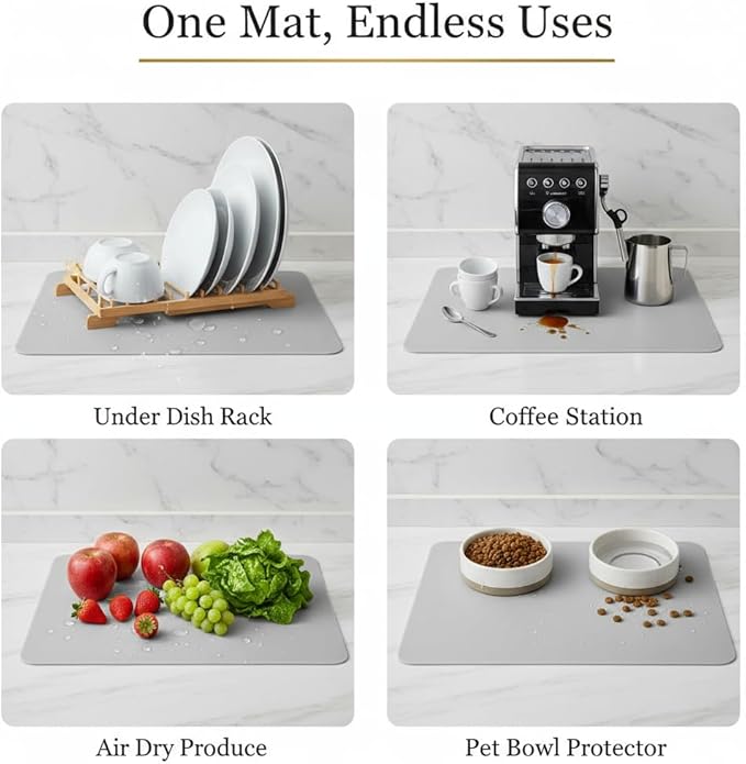 Dish Drying Mat Super Absorbent – 16" x 18" Coffee Mat for Countertops – Non-Slip Drying Mat for Kitchen Counter – Easy to Clean Water Absorbent Mat – Large Dish Drying Mats (Lite Gray)