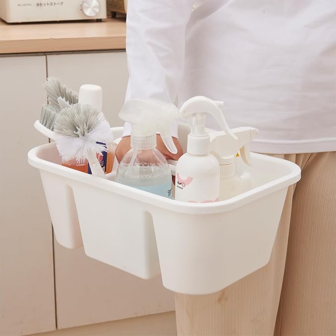 Portable Shower Caddy Basket with Compartments, Plastic Divided Cleaning Supplies Organizer with Handle, Multi-Purpose Organizer for Bathroom, Dorm, Garden, Tool, Under Sink (White, 1 Pack)