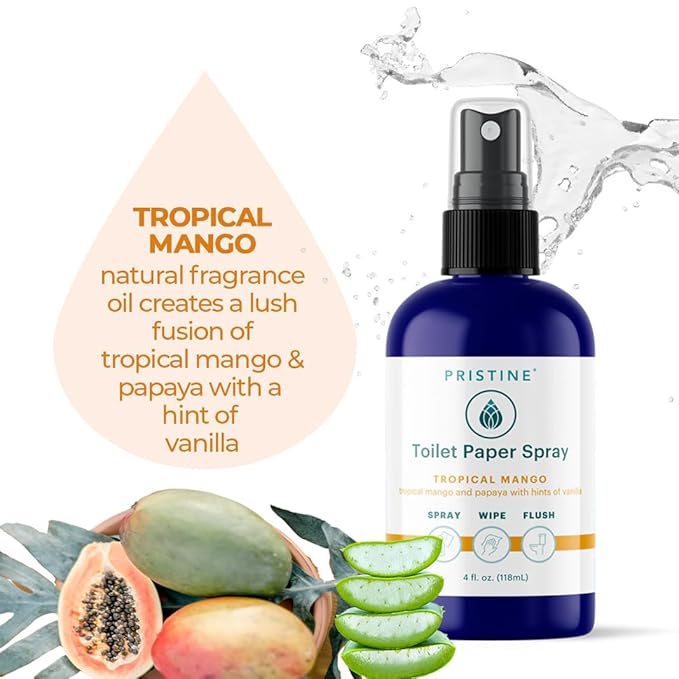 PRISTINE Toilet Paper Spray - As Seen on Shark Tank, More Natural Personal Cleansing Wipes & Flushable Wet Wipes Alternative, Spray Toilet Paper to Create Flushable Wipe, Tropical Mango, 32 fl oz