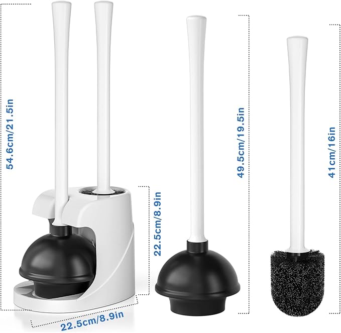 Toilet Plunger and Brush with Holder, Bowl Brush and Heavy Duty Toilet Plunger Set for 5.7-inch Toilet Drain, 2-in-1 Bathroom Cleaning Combo with Modern Caddy Stand (White)