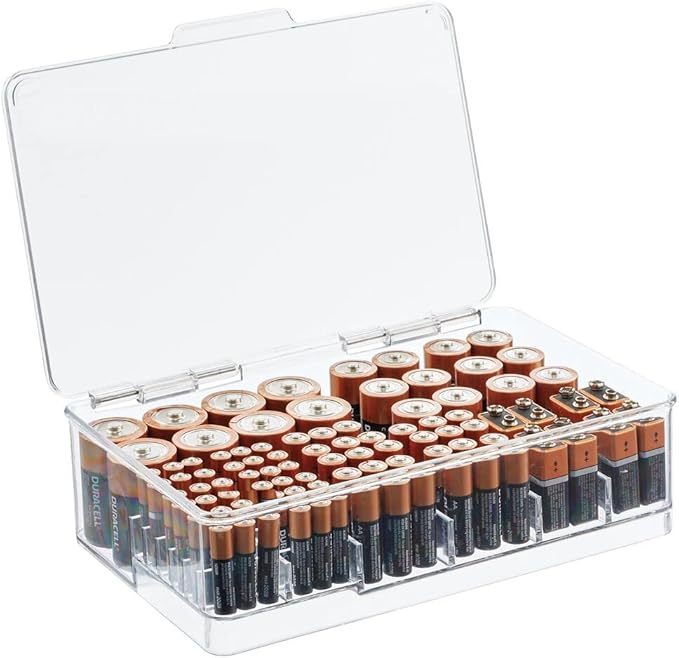 mDesign Plastic Large Stackable Divided Battery Storage Organizer Box with Hinged Lid for AA, AAA, C, D, 9 Volt Sizes, Great Storage for Kitchens, Home Offices, and Utility Rooms - Clear
