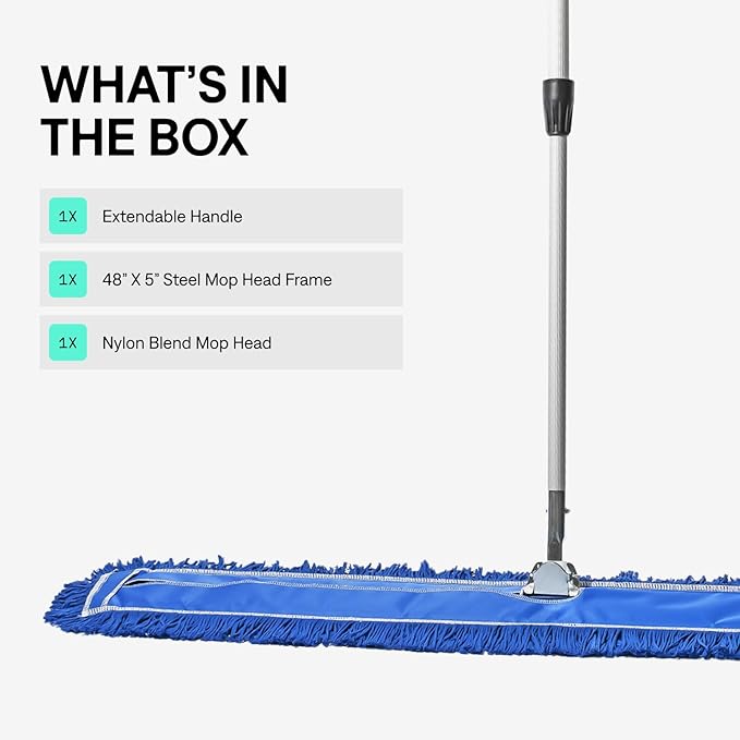 48 Inch Blue Commercial Dust Mop & Floor Sweeper with Extendable Handle – Mop for Hardwood, Tile, and Concrete Floor Cleaning