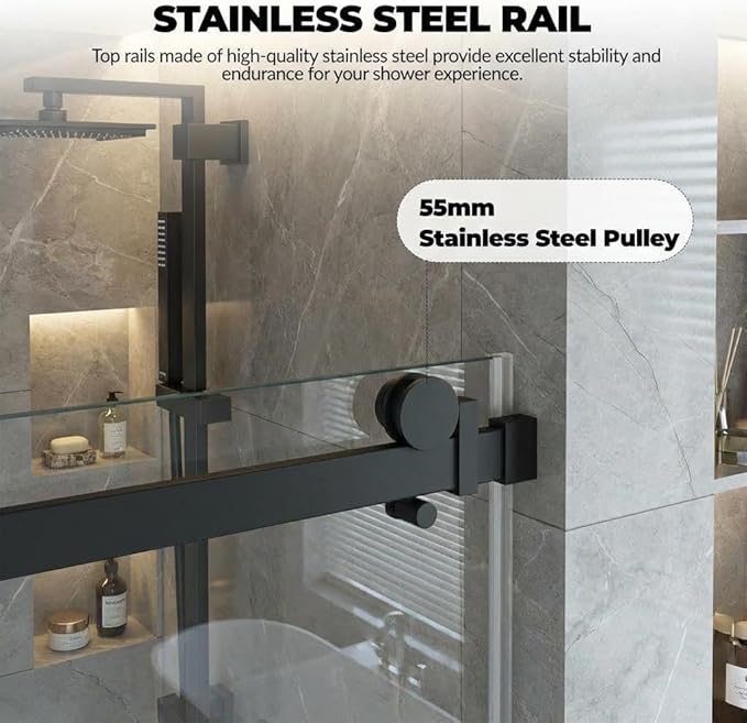 Frameless Sliding Shower Door, 56-60 Inches Wide x 76 Inches High, 1/4 Inch (6mm) Clear Tempered Glass with Matte Black Square Rail Design, Space-Saving Installation for Modern Bathrooms