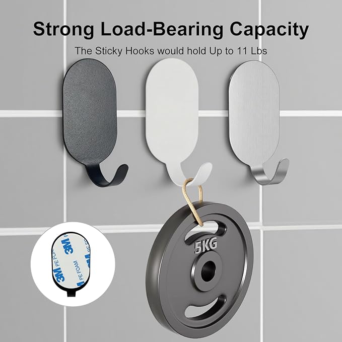 Sticky Adhesive Hooks for Hanging, Stainless Steel Hooks, Key Hooks, Towel Hooks, Coat Hooks, Command Hooks Wall Mount Hanger Door Hook Kitchen Utility Hooks, Drill Free No Damage 10 Pcs (Black)