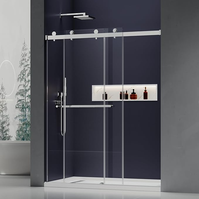 56-60" W x 76" H Double Sliding Frameless Shower Glass Door, 5/16" (8mm) ANSI & SGCC Certified Tempered Glass with Double Nano Coating, Stainless Steel Hardware & Towel Rack (Bright Chrome)