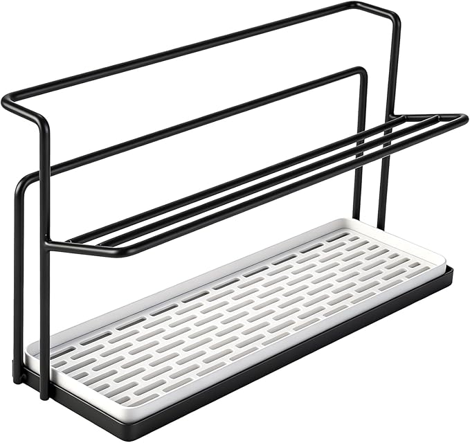 Water Bottle 2 Tier Water Bottle Drying Rack with Drain Tray, Space Saving Metal Cup Holder for Countertop, Compact Kitchen Organizer for Tumblers, Glasses, Mugs and Bottles (Black)